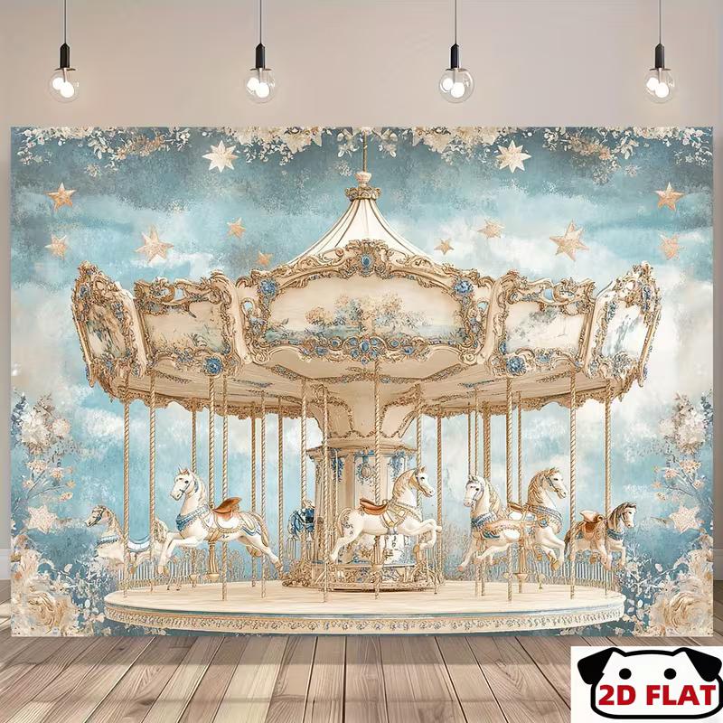 2D Romantic Blue Carousel Photo Booth Background Cloth