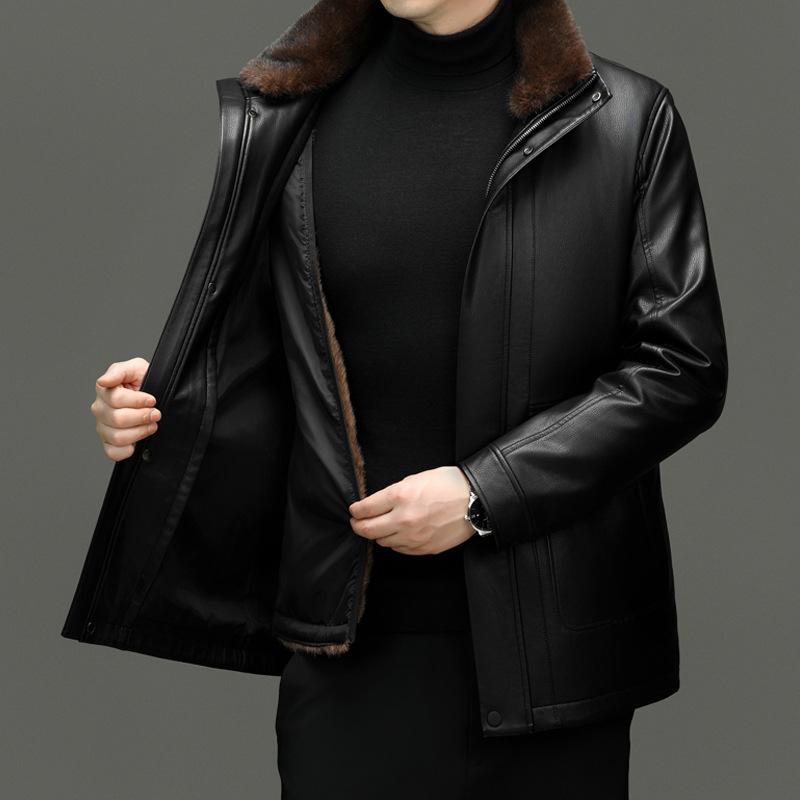 Winter Genuine Leather Jacket for Men, Mid-length Velvet Sheepskin Top, Middle-aged Dad's Warm Windproof Jacket