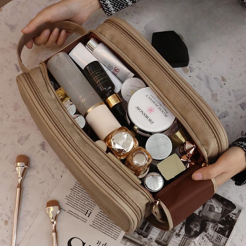 Multifunctional Makeup Bag for Women PU Leather Large Capacity Portable Double Zipper Travel Makeup Brush Toiletries Storage Bag