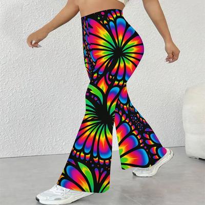 Kadın Günlük Yüksek Bel İspanyol Paça Pantolon, Soyut Baskılı Sokak Giyimi Büzgülü Paça Pantolon