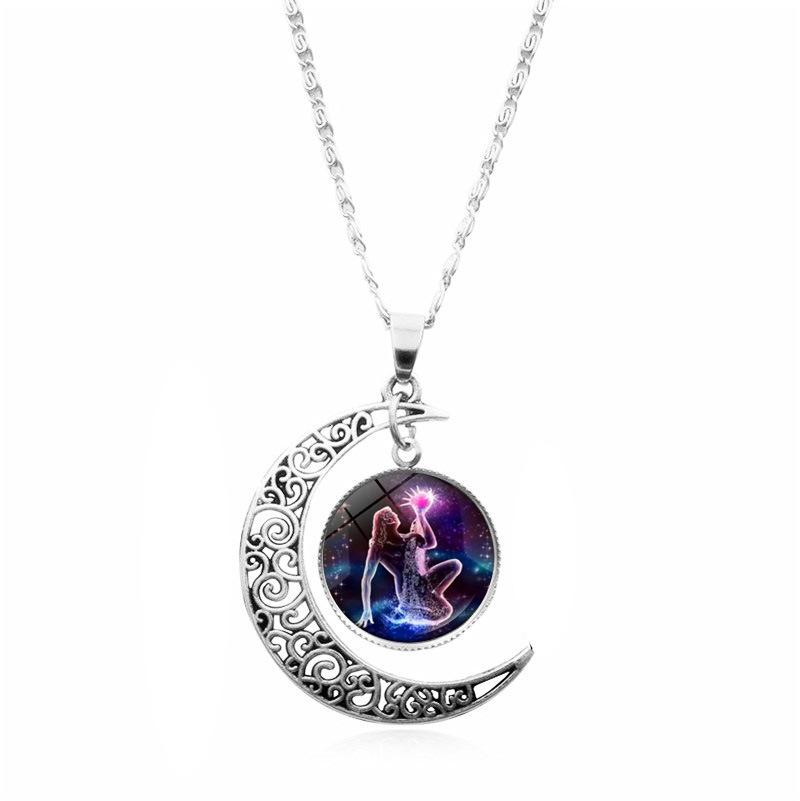 Zodiac Moon Gemstone Necklace For Women Versatile Pendant Jewelry Sweater Chain Birthday Gift