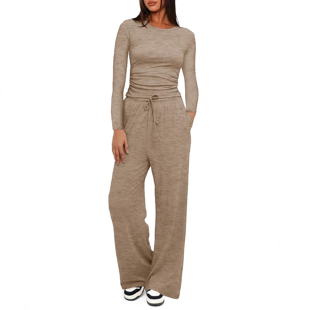 Women's Ribbed Long Sleeve Top and Wide Leg Pants Set