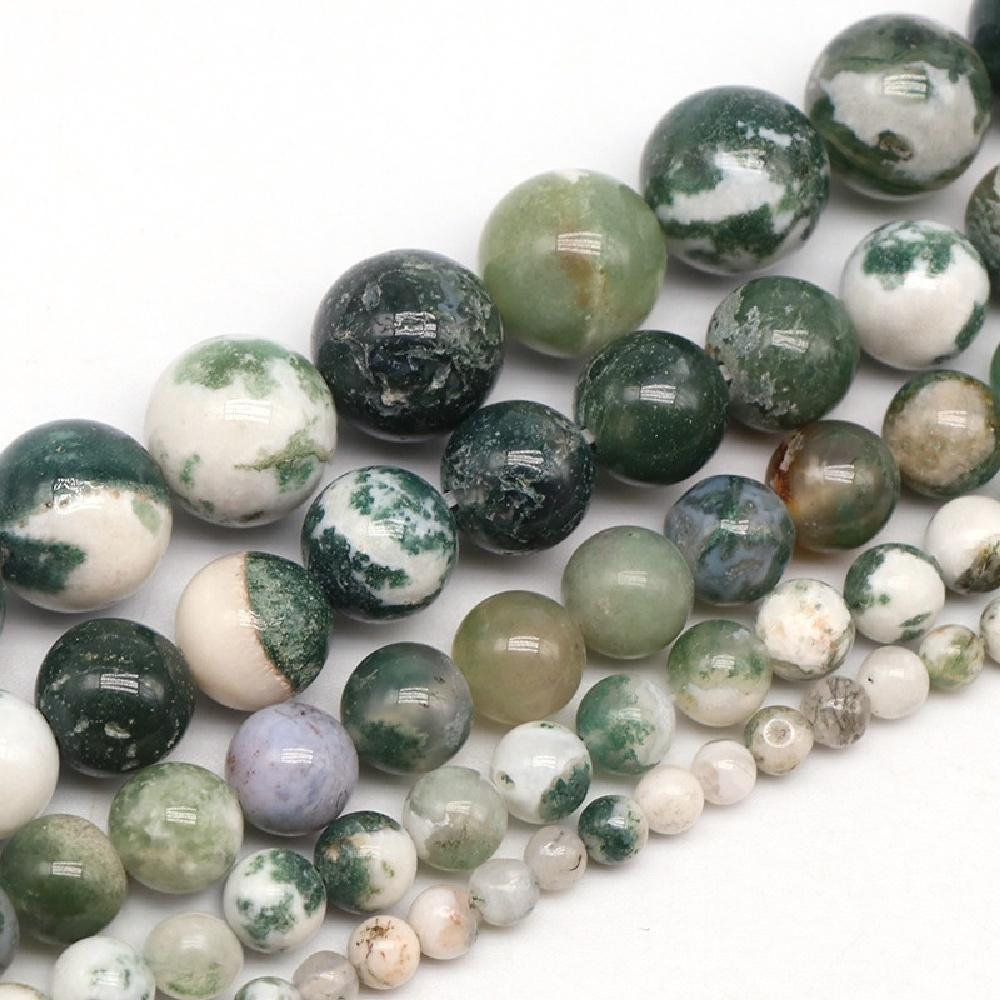 Green Tree Agates Natural Stone Round Beads 15"Strand Smooth Loose Spacer Beads 4/6/8/10/12mm for Jewelry Making DIY Bracelets Charms Accessories