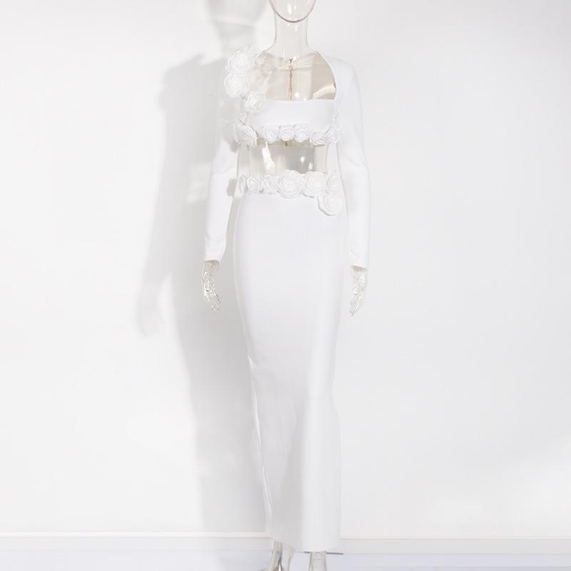 Elegant European & American Floral Long-Sleeve Top and Slit Skirt Set - Sexy Independent Design for Women