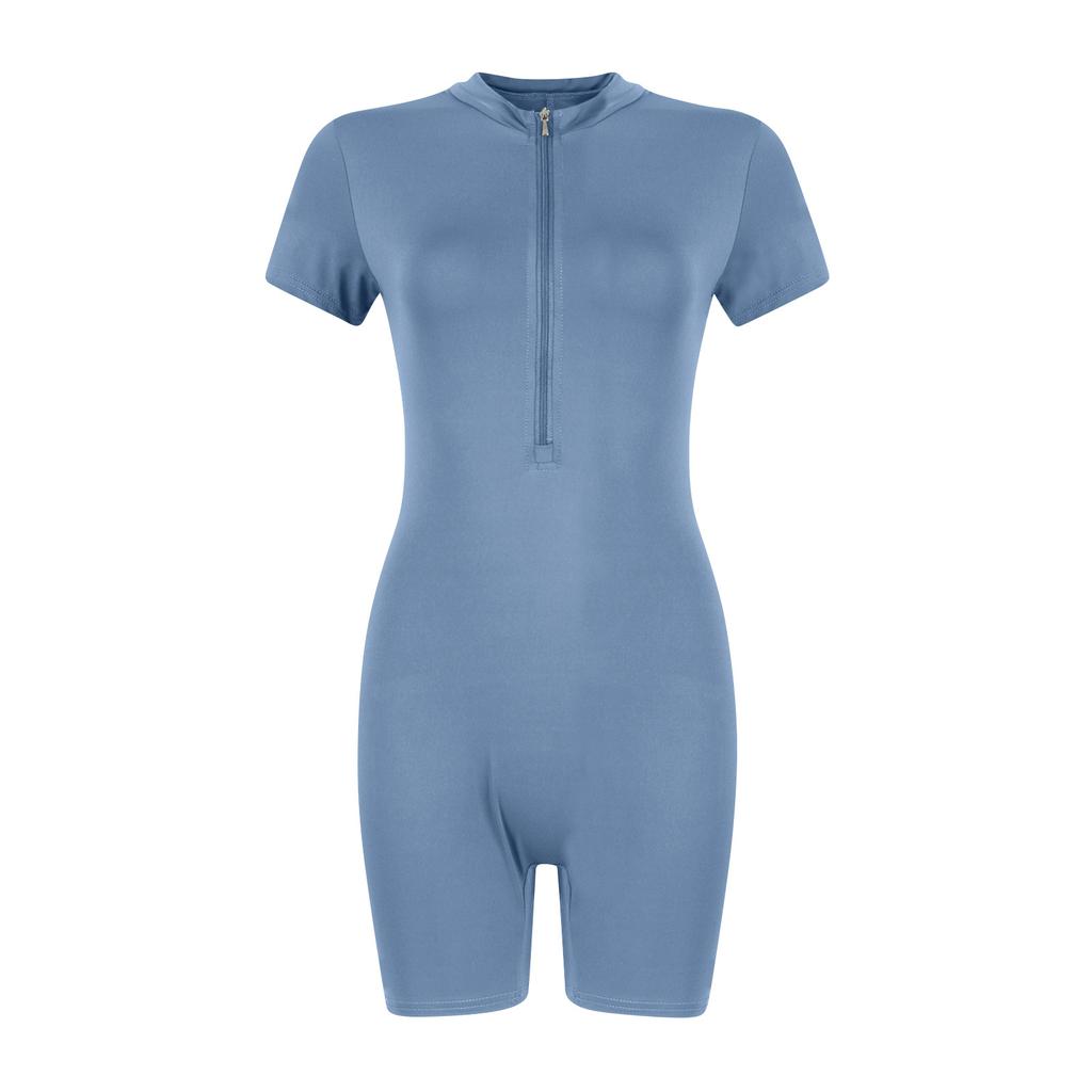 Women's Solid Color Zippered Open Necked Tight And Elastic Three Piece Jumpsuit Yoga Suit