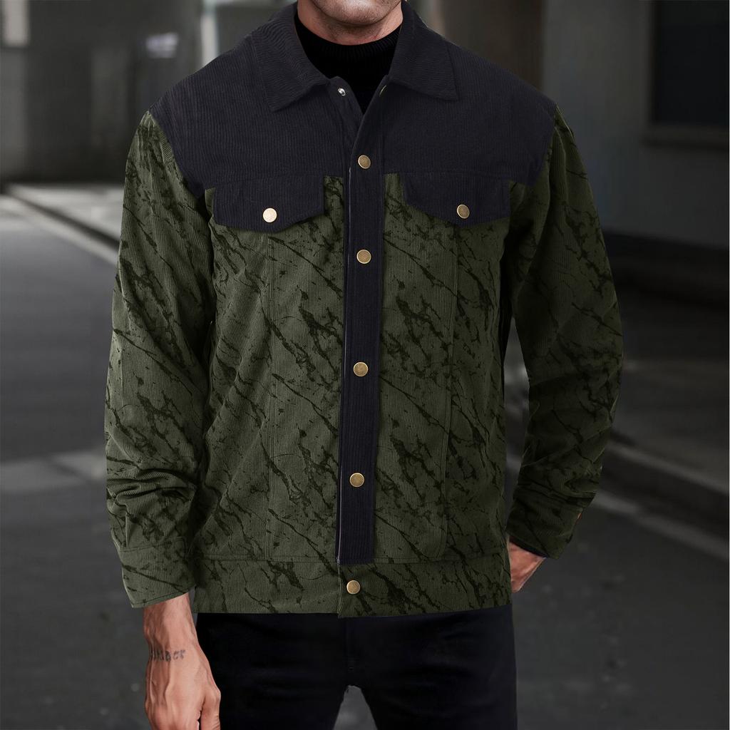 Men's Winter Corduroy Color Block Button-Up Shirt, Men's Casual Fashion Long-Sleeved Cardigan