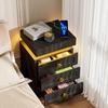 Bedside table, three drawers, with charging station, 2 AC power outlets/2 USB ports, European standard plug, black.