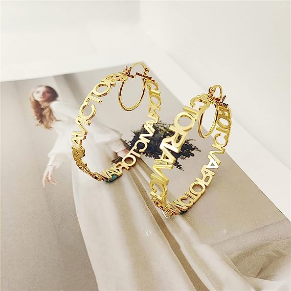 Duoying  Girls  Personalised Initial Letter Nameplate Gold Stainless Steel Round Custom Hoop Name Earrings