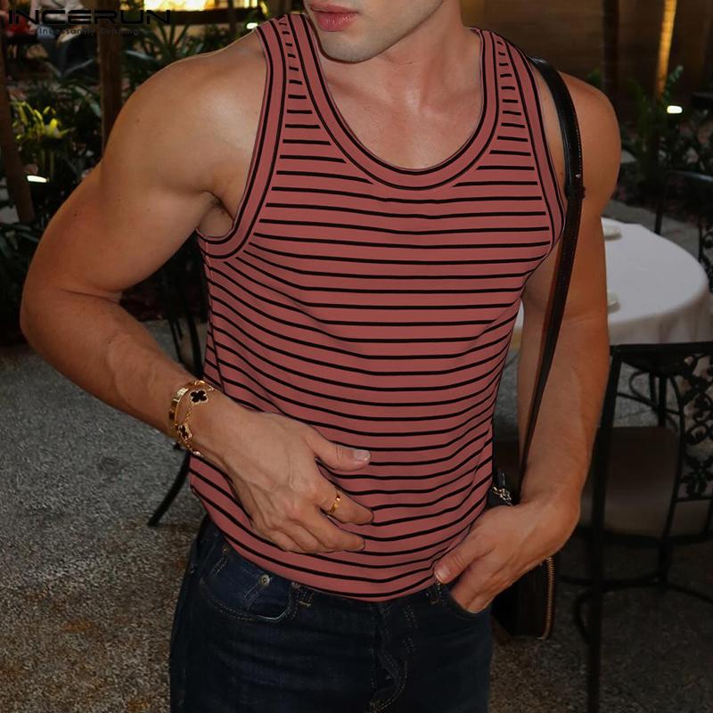 INCERUN Men Sleeveless Striped Print Casual Loose Tank Tops