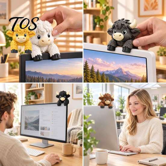 Office Desk Decoration for Women Cute Highland Cow Monitor Figurine, 3D Printed Animal Sitting on Accessories Computer Screen Edge Ornament,