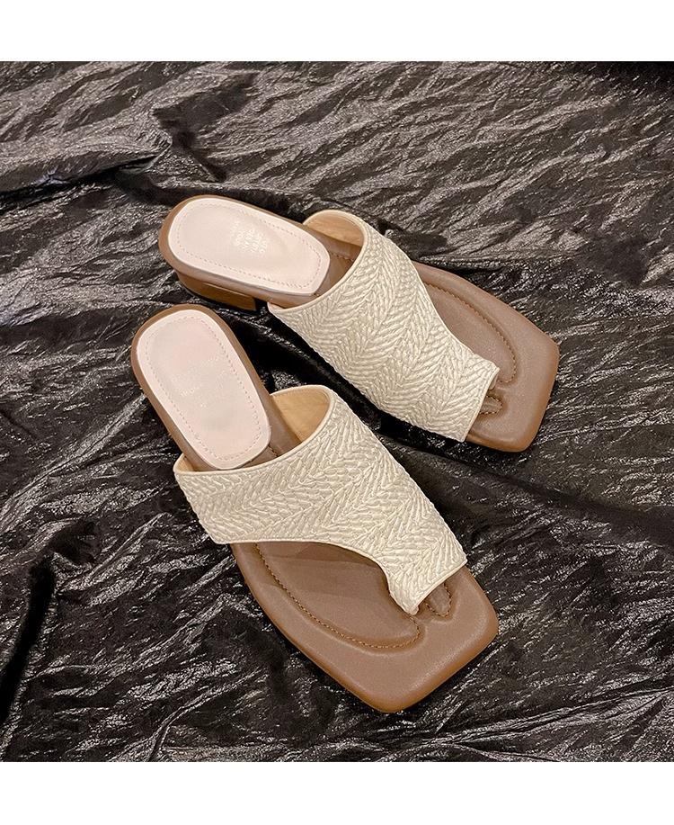 

[Fanfuna] Niche design beautiful vacation toe cool slippers 2025 summer retro straw woven outside half drag 40 бежевый