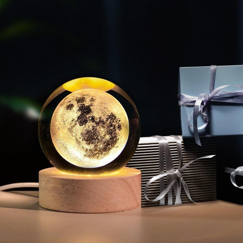 Moon Crystal Ball Night Light, Glass Ball Night LED Lamp with Woodern Base,Decorations Gifts for Men,Women,Kids,Boys,Girls | Gifts for Woman