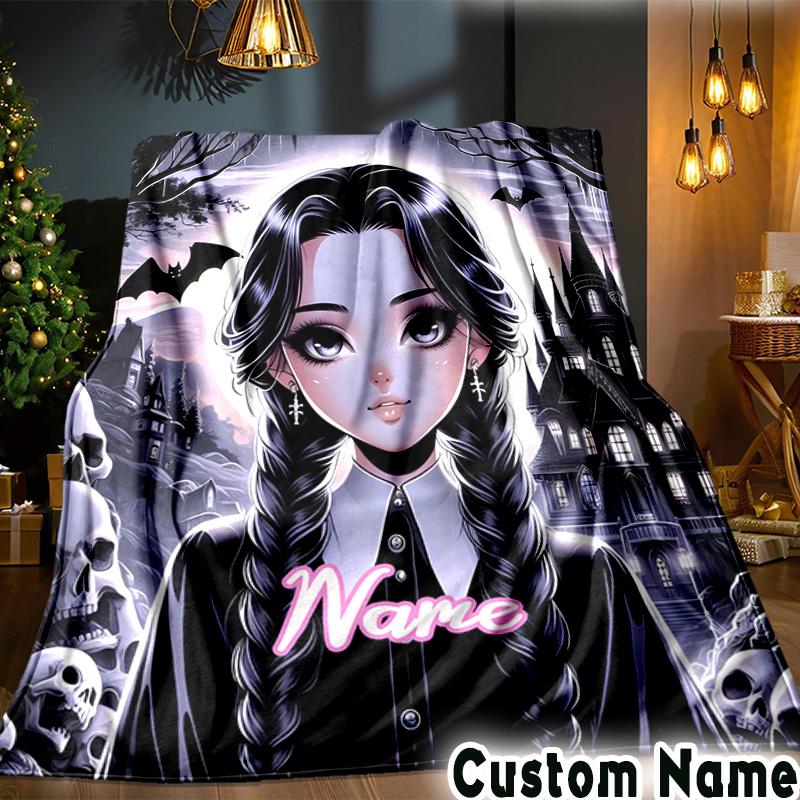 Custom Name Gothic Addams Blanket Bedding Blanket Picnic Blanket for Women Men, Throw Blankets for Couch Bed, Christmas and Halloween Gifts