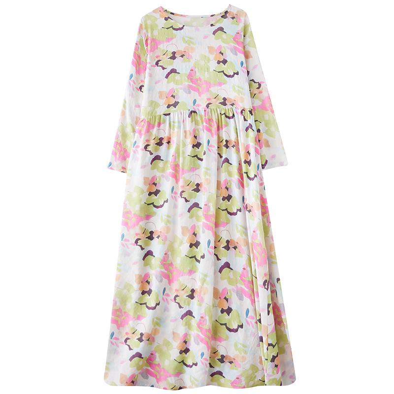 DIMANAF 2025 Women New Plus Size Spring Long Dress Vintage Basic Long Sleeve Loose Casual Maxi O-Neck Printing