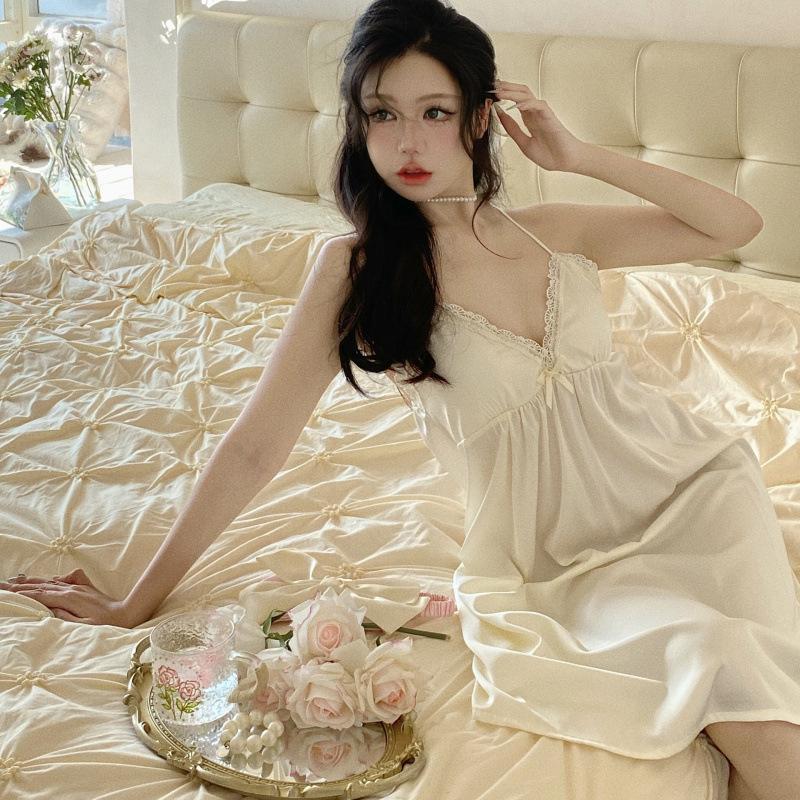 1011 summer new ice silk pajamas women's French nightgown robe two-piece set pure desire style sexy loungewear set