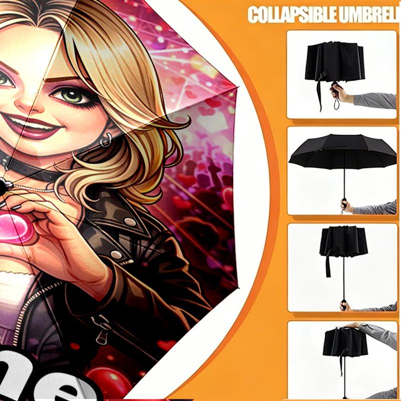 Custom Name Personalized Bride of Chucky Print Umbrella, Auto Open Close, 8‑Rib Sturdy Frame, Commute Camping Hiking Use, Birthday Gift