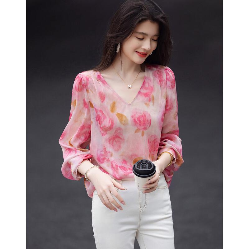 Demana Spring French Style Puff Sleeve Blouse with Gold Thread Print