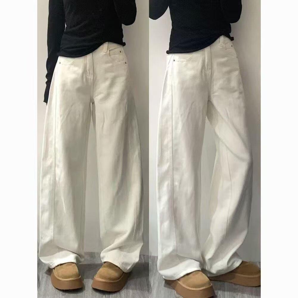 Women s Retro Coffee Curved Leg High-Waist Wide-Leg Jeans - Loose Fit, Slimming, Versatile, Perfect for Spring & Autumn 3XL белый