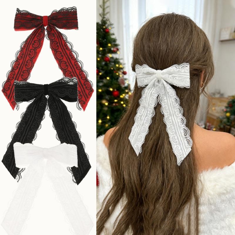 Sweet Cool Heart Lace Bowknot Hair Clip Handmade Silk Ribbon Comfortable Secure Barrettes For Women Black Red White