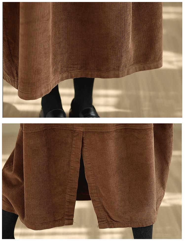 2025 Winter Women's Long Loose Fit Washed Cotton Corduroy Skirt with Square Neck and Slit, Stylish and Slimming Design