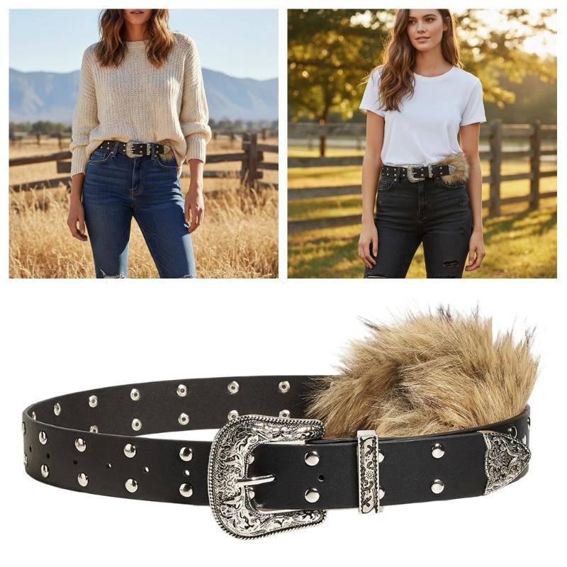Fashionable PU Leather Waist Cincher With Faux Furs Patchworked Adjustable Pin Buckles Belt For Party adn Daily Outfit
