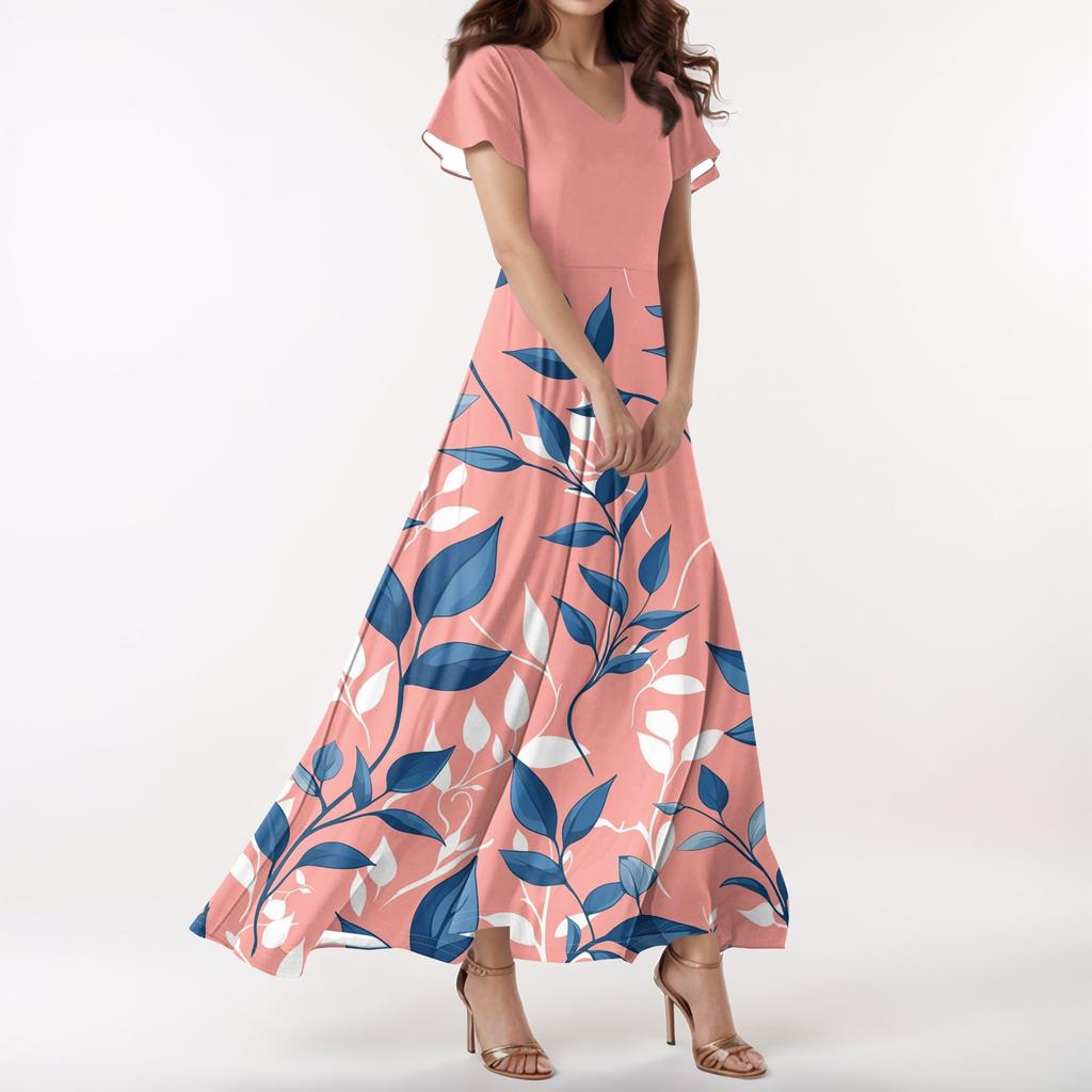 Lässiges Damenkleid mit V-Ausschnitt, kurzen Ärmeln und hoher Taille, Retro-Blumenblatt-Print