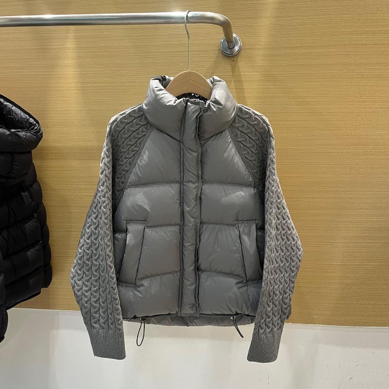 Winter Women Down Parkas Jacket Cable Knit Sleeve Spliced Stand Collar Thick Warm Short Coat Petite Ladies Outerwear