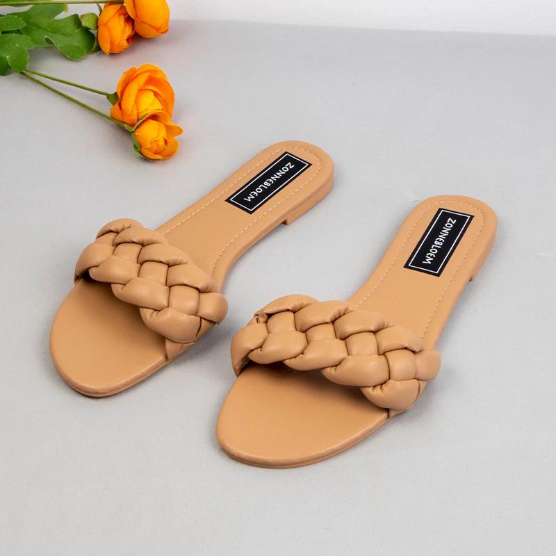 Fashion New Designer Fashion Summer Sandals Women Flat Bottom Ladies PU Leather Slides Weave Slip on Sandal Woman Outside Beach Shoes