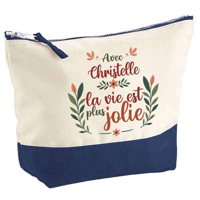 Pochette fond bleu Christelle la vie est plus jolie - Cadeau Original - Anniversaire Trousse Maquillage Grand Format