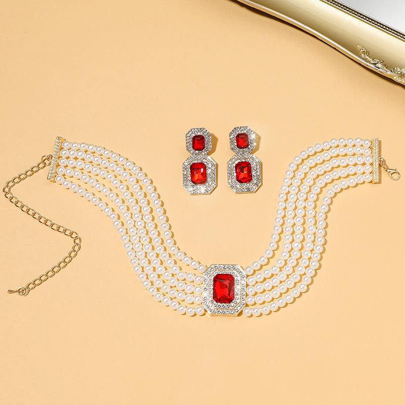Multi-layer imitation pearl geometric rectangular crystal necklace earrings bridal choker diamond necklace collar women