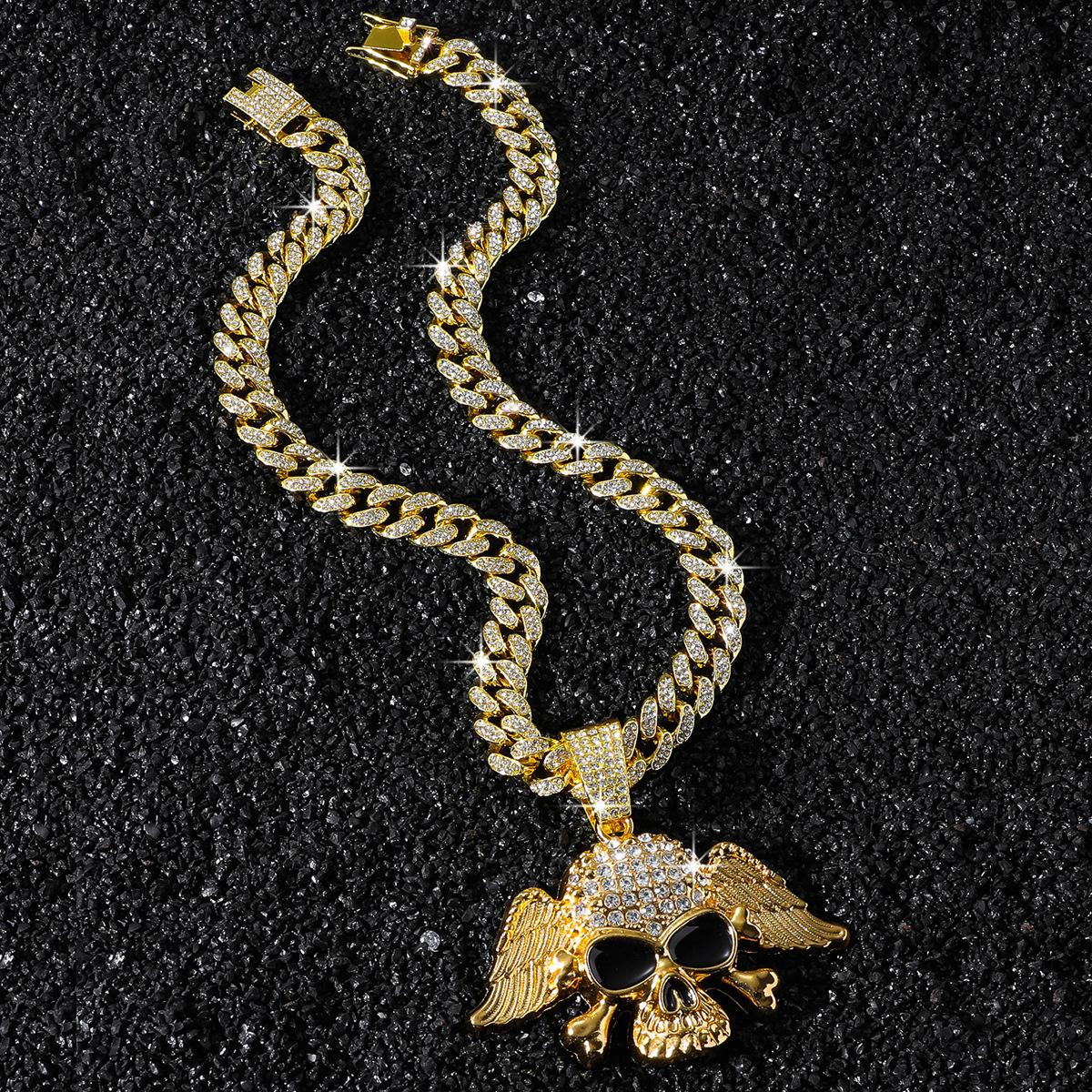 Hip Hop Bling Rhinestone Cuban Chain Alloy Gold Crystal Iced Winged Skull Letter Design Pendant Necklaces 50cm&hip hop золотой