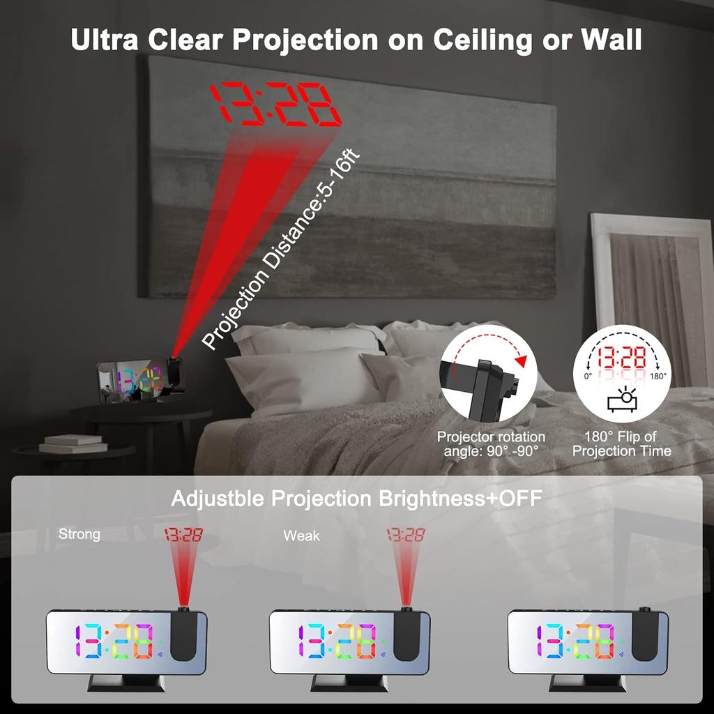 Multi-Functional Projection Alarm Clock Mirror LED Display Auto Dimming Light Snooze Dual Alarms 180° Rotatable Time Projector for Bedroom