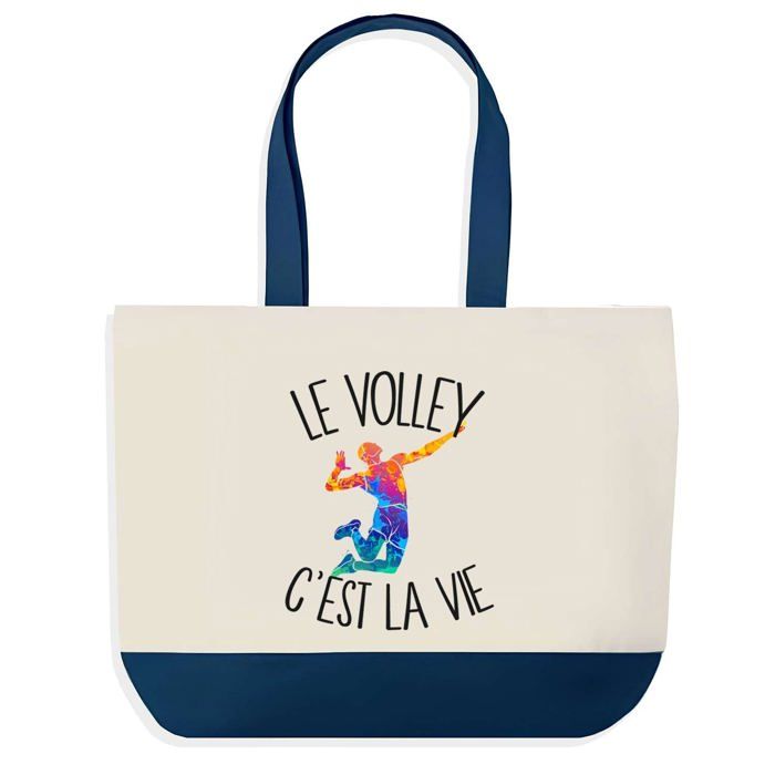 Sac shopping - PLANETEE - Volley c'est la Vie - fond bleu - coton - 40 x 45 cm