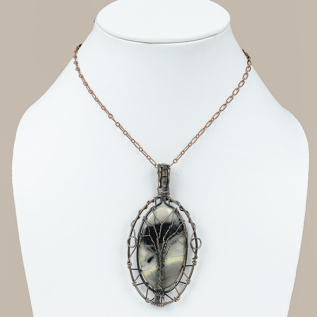 Fume Agate Gemstone Copper Wire Wrap Tree Of Life Pendant 3.54"