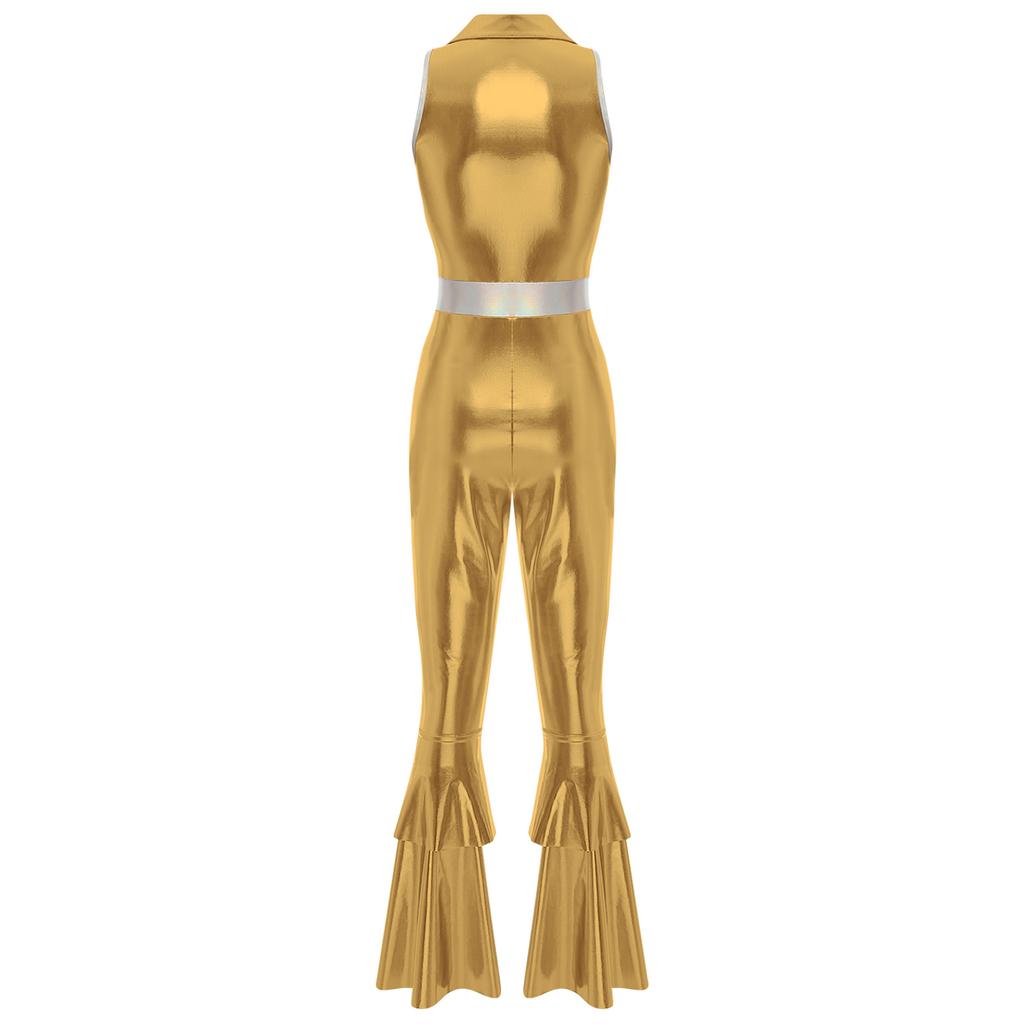 Women Shiny Metallic Jazz Modern Dance Jumpsuit 70s Disco Theme Party Singer Dancer Cosplay Costume for Halloween Carnival Rave