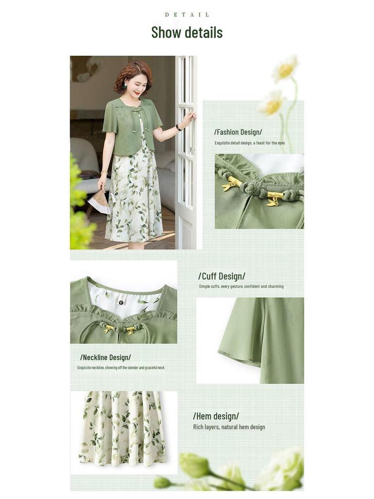 Elegant Summer Maternity Chiffon Two-Piece Dress - Slimming, Over-the-Knee, Short-Sleeved Skirt