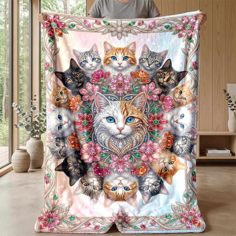 Floral Cats Artwork Theme blanket Lightweight Warm Flannel Blanket Decorative Throw Blanket for Home Decoration