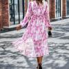 Women's Fashion Spring Fall Flower Pattern Print Long Sleeve V-Neck High Waist Casual Dresses
