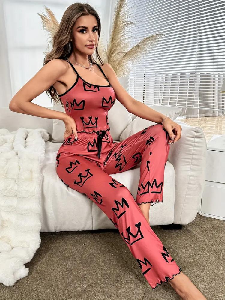 Pyjama-Set mit Kronenprint - Sexy Stil, ärmelloses Spaghetti-Träger-Top & lange Hose mit Schleifendetail, sexy Pyjama-Set