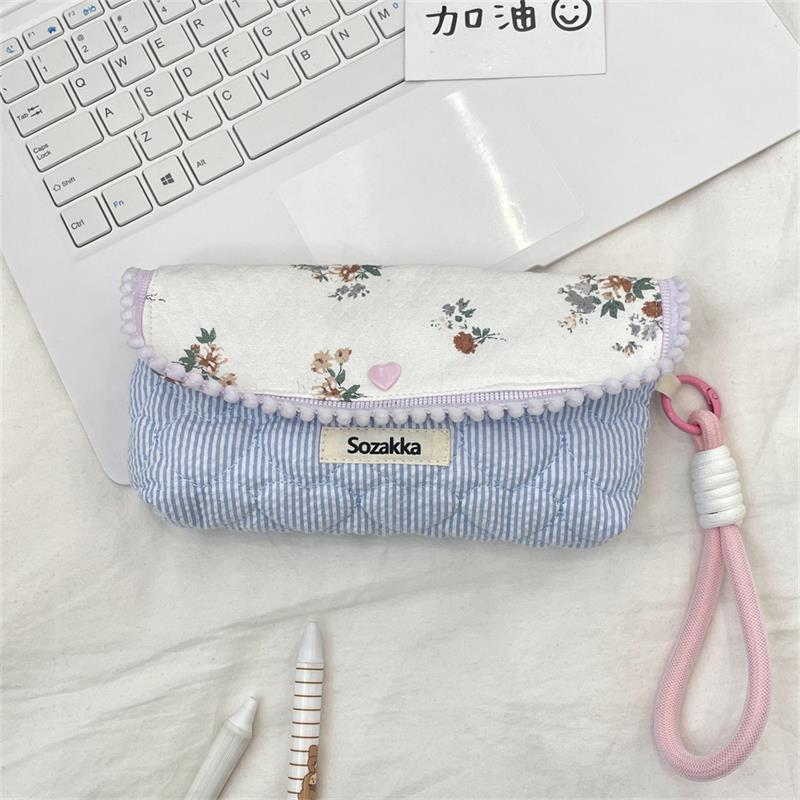 Sweet Floral Pencil Case With Lanyard Handbag Girly Cosmetic Bag Large Capacity Portable Storage Bag Student Stationery Bag Gift