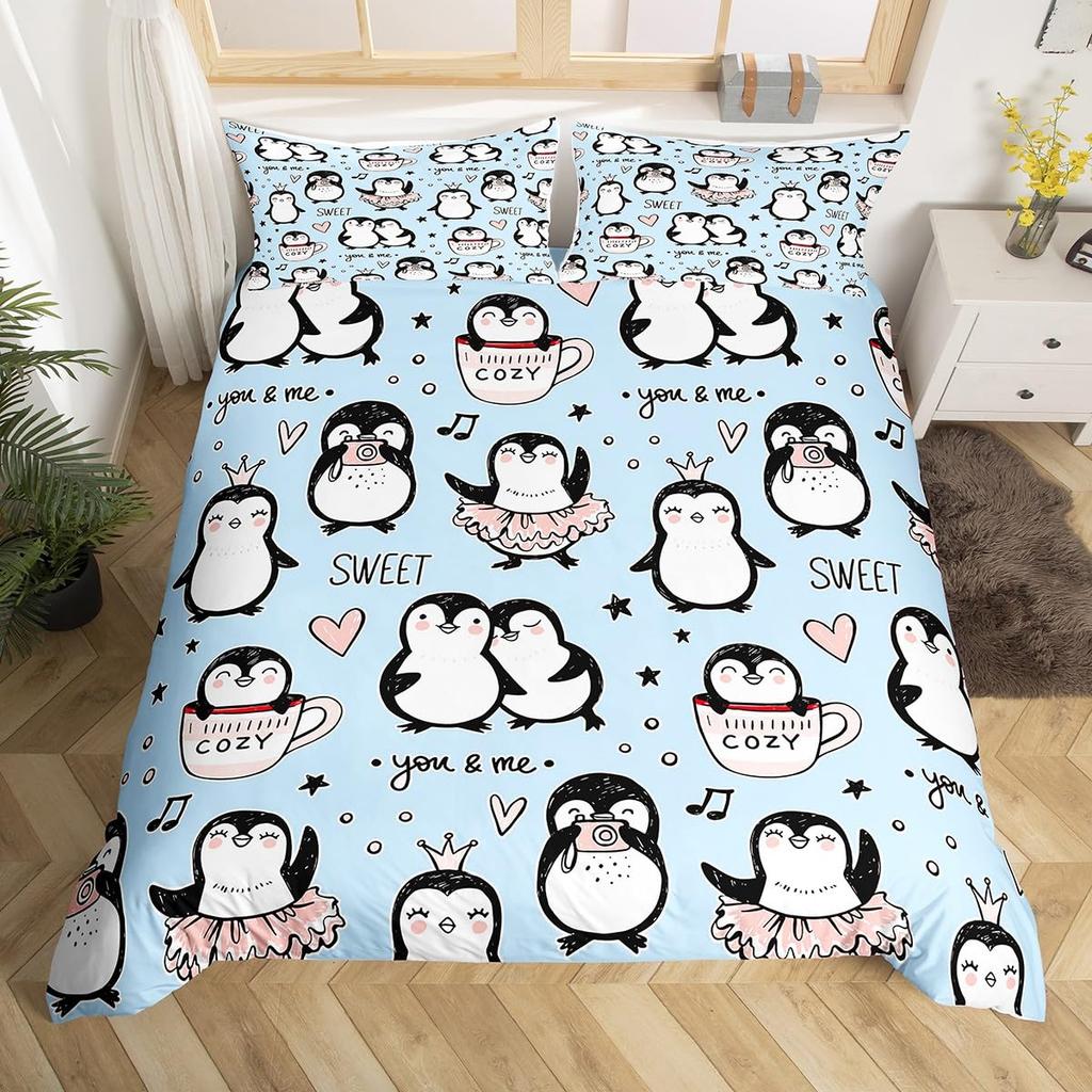 Cute Penguin And Love Heart Duvet Cover Set For Kids Teens Lightweight Quilt Cover With 2 Pillowcase Cartoon Penguin Bedding Set