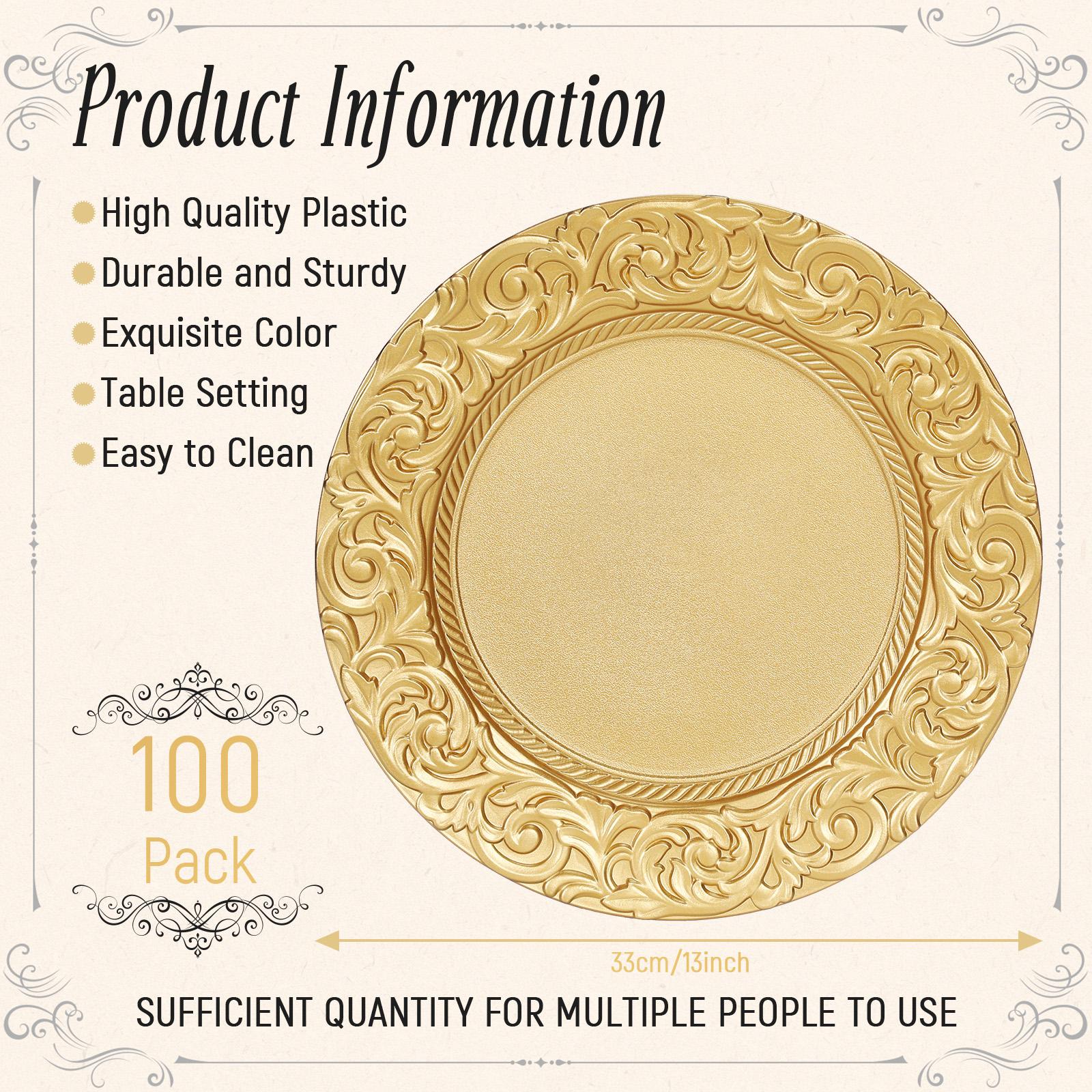 

100 Pcs 13in Plastic Round Dinner Gold Charger Round Floral Decorative Service Plates with Embossed Rim for Table Wedding Party