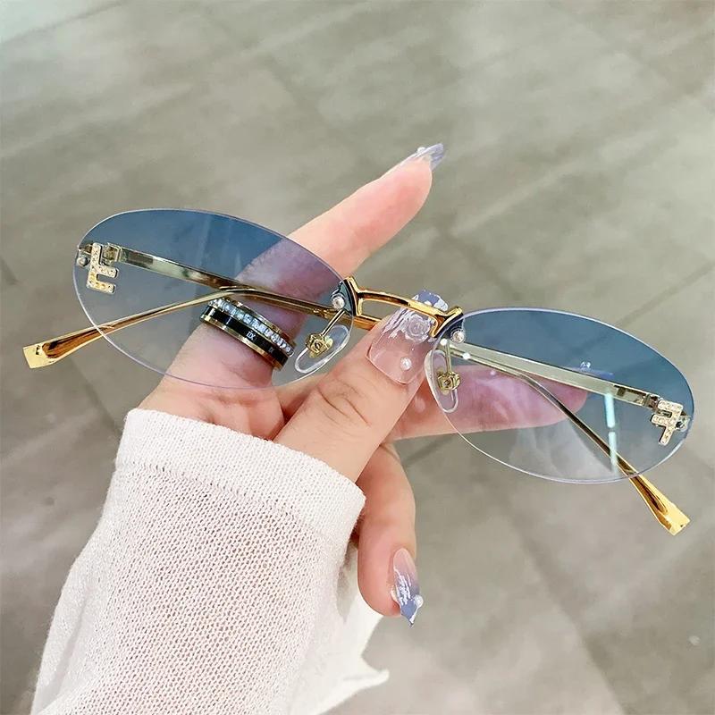 Cat Eye Trendy Oval Sunglasses for Women Rimless Driving Outdoor Shopping Shades UV400 Vintage Letter Design Eyewear