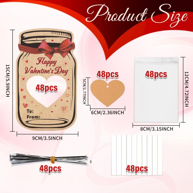 48Sets Valentines Day Cards Mason Jar Gift Cards with Treat Bags for Kids School