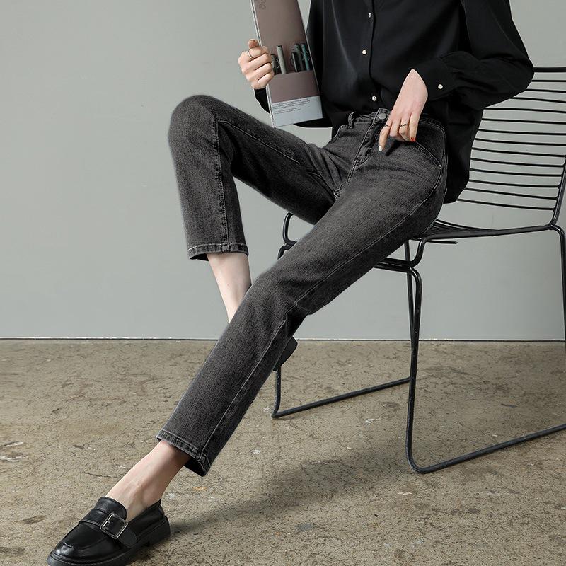 Elastické zeštíhlující džíny s vysokým pasem pro ženy - Retro Slim Fit Rovné nohavice Zkrácené kalhoty