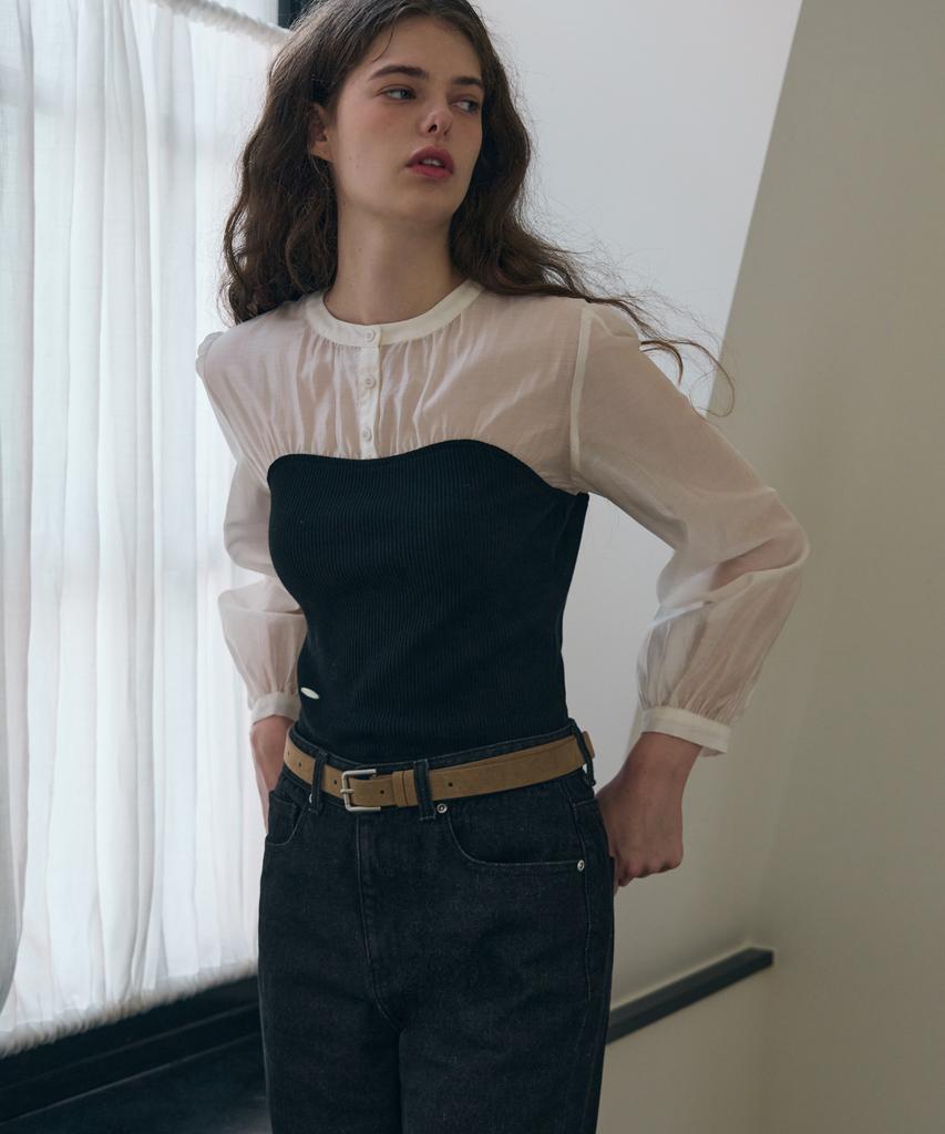 Deuloupisumeon Sheer Shirred Bustier Blouse [Brown]