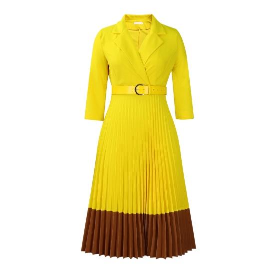 Women's Long Sleeve Blazer Dress V Neck Notched Lapel Pleated Swing Midi Dress Business Office Work Dress with Belt