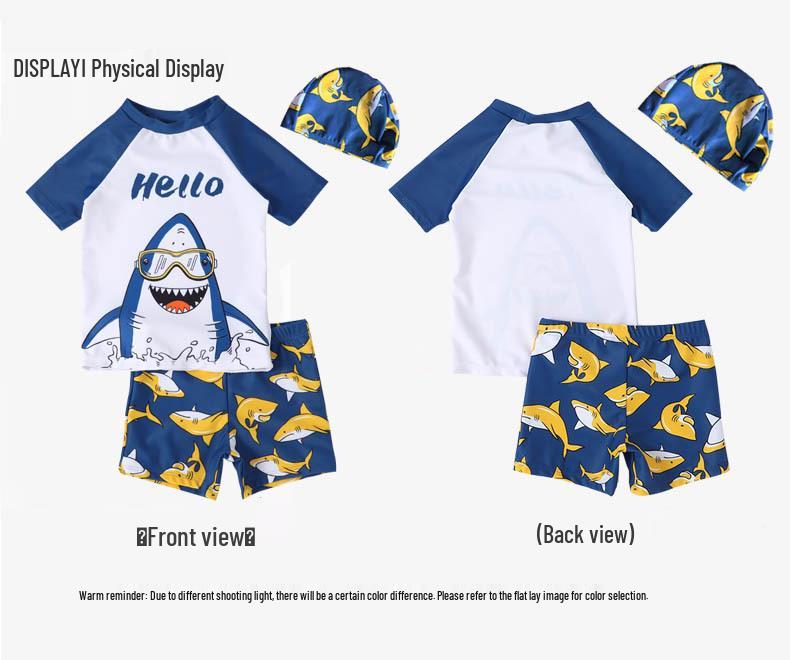 Boys' Short Sleeve Cartoon Shark Swimsuit Set for Big Kids