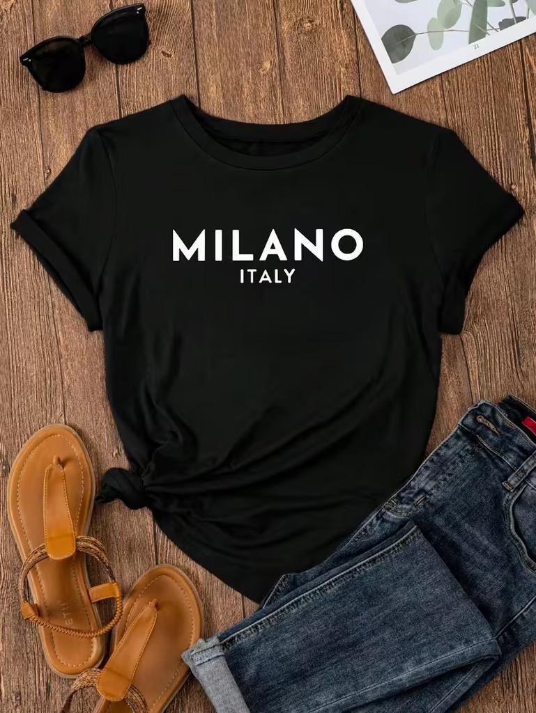 Camiseta Estampada con Letras Milano Italia Ropa Casual para MujerDiseño de Moda Inspirado en Italia para Uso Diario y de Viaje