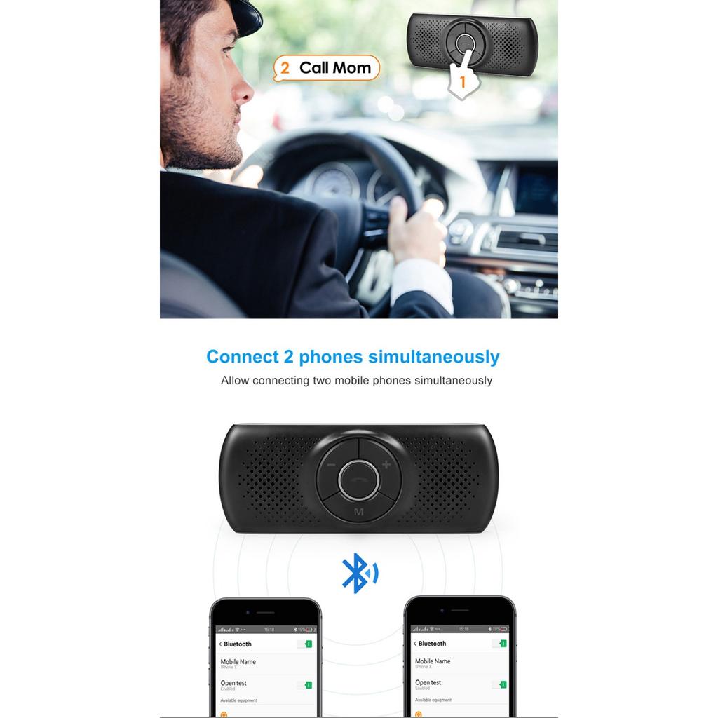 Bluetooth 5.0 Håndfri Bil Kit Indbygget Mikrofon med Clip til GPS Musik TF Kortplads Automatisk Genforbindelse Højttaler Bil IOS Siri & Google Assistant